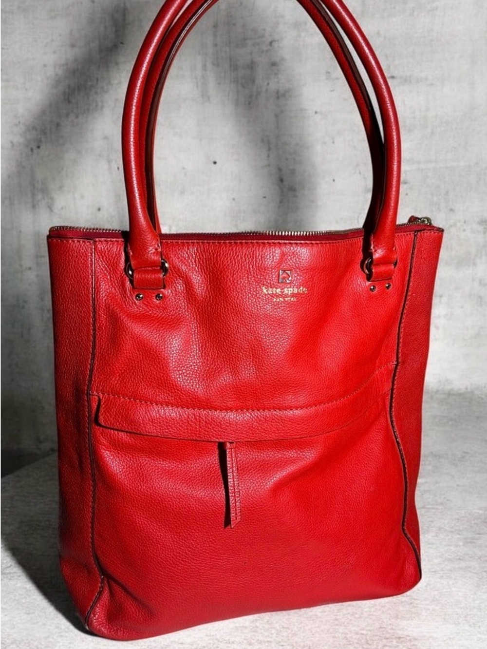 Kate Spade Large Red Pebble Leather Tote with Front Pocket